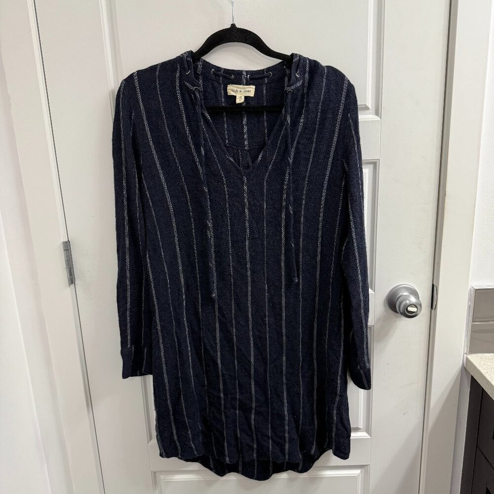 Cloth & Stone Navy Blue Striped V-Neck Tunic Dress Lace Up Back Womens Medium